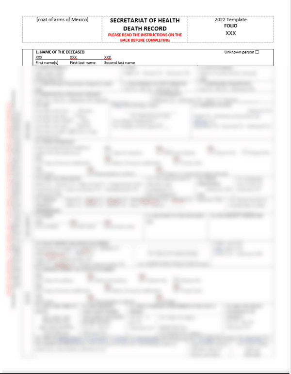 Death record (certificado de defunción) - Mexico