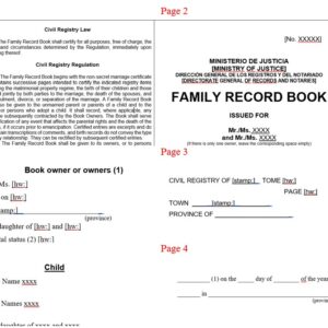 Sample image showing partial pages 2-4 of the Spanish Libro de Familia translation template