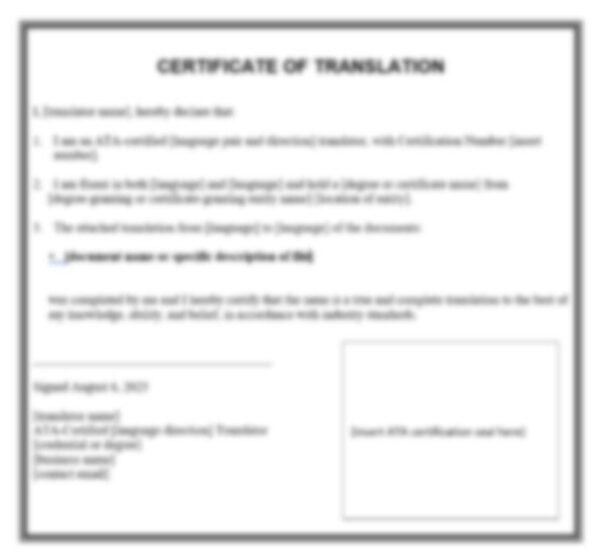 Certificate of Translation for ATA Certified translators, with border