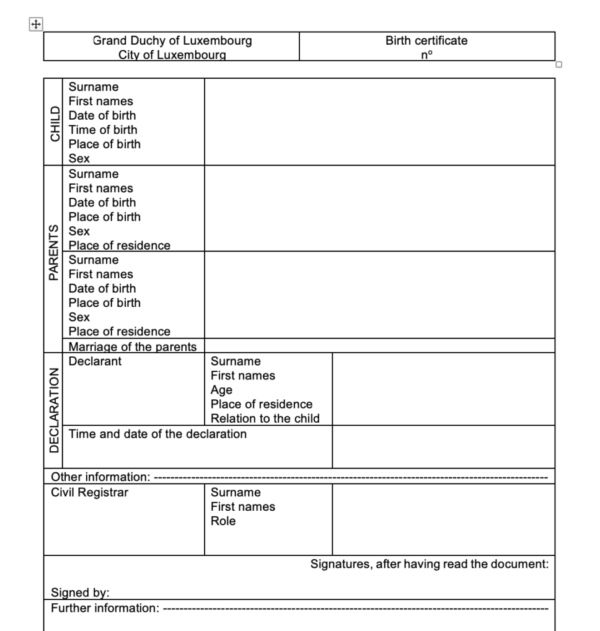 Luxembourg birth certificate