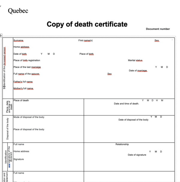 Quebec death certificate