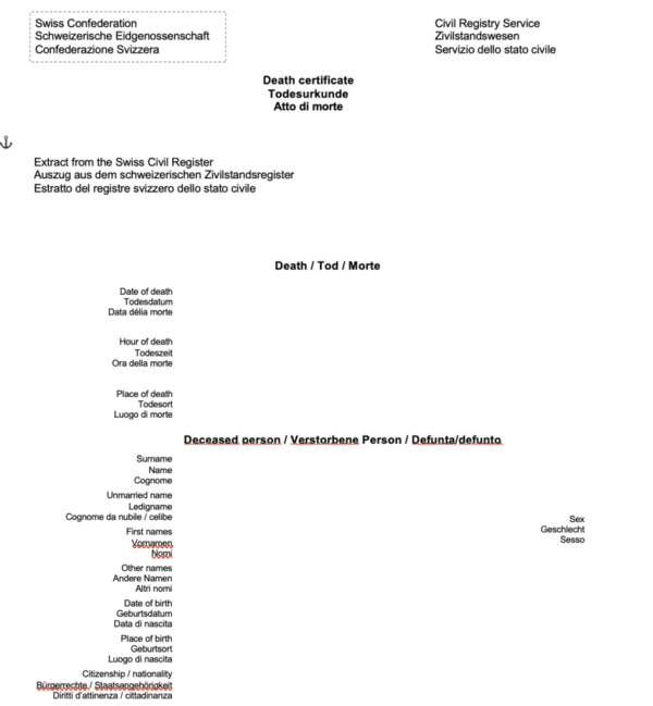 Swiss death certificate