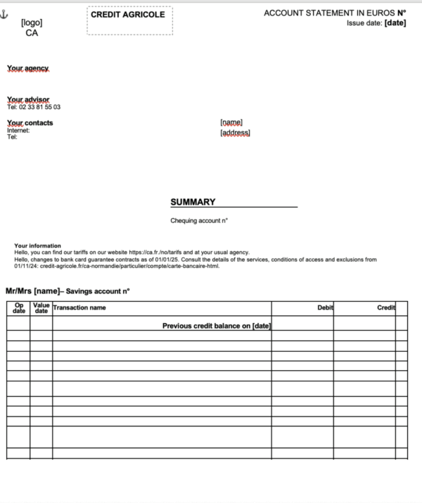 Credit Agricole bank statement