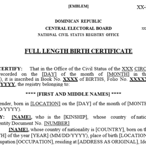 Dominican Birth Certificate Long Format-Not Timely-No USCIS Cert