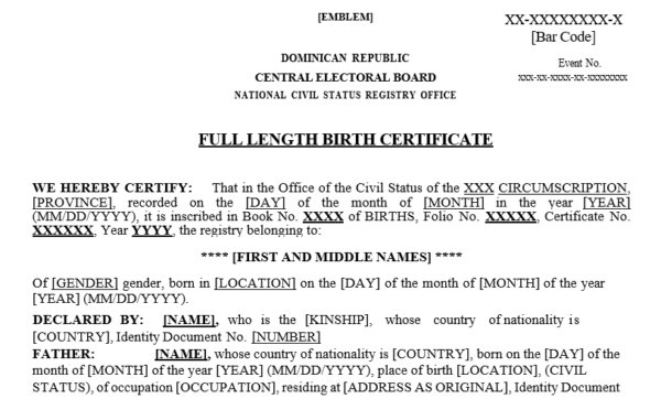 Dominican Birth Certificate Long Format-Timely