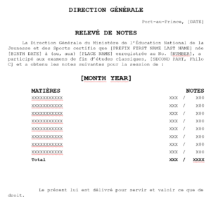 Haitian transcript of secondary studies/releve de notes, template + translation