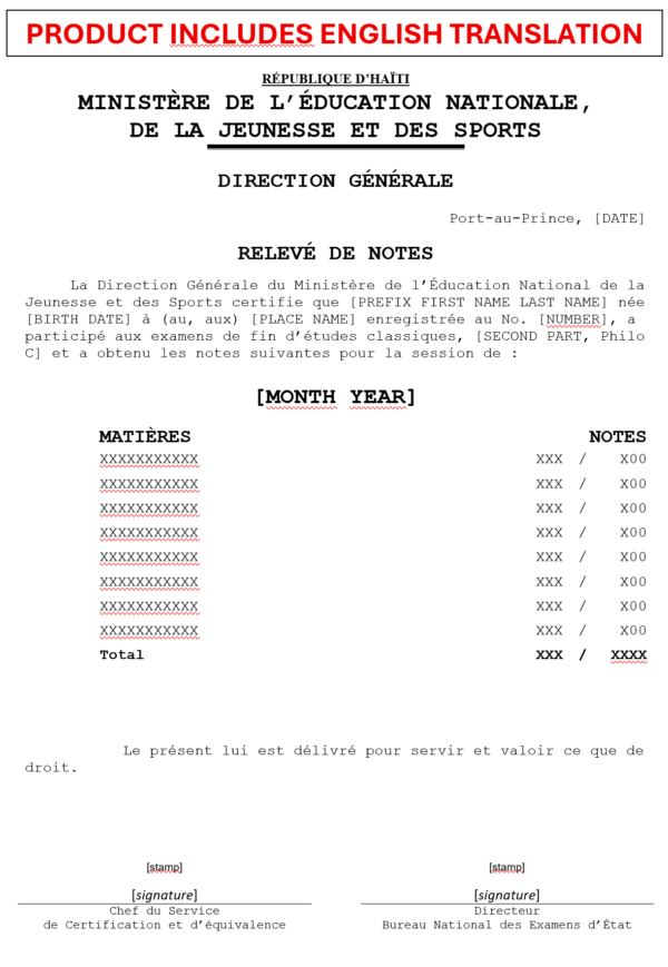 Haitian transcript of secondary studies/releve de notes, template + translation