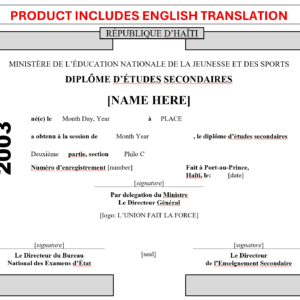 Haitian diploma of secondary studies/diplome d'etudes secondaires, template + translation