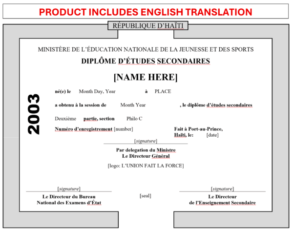 Haitian diploma of secondary studies/diplome d'etudes secondaires, template + translation